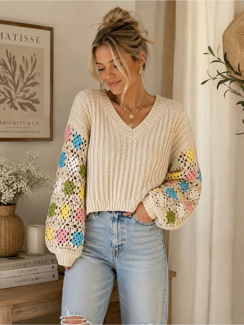 Dreamers by Debut Crochet Sleeve Sweater| Boho Granny Square Ballon Sleeve Knit